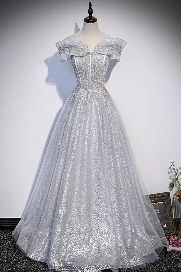 Wholesale Gray Tulle Beaded Long A-Line Prom Dress Cute Evening Party Dress